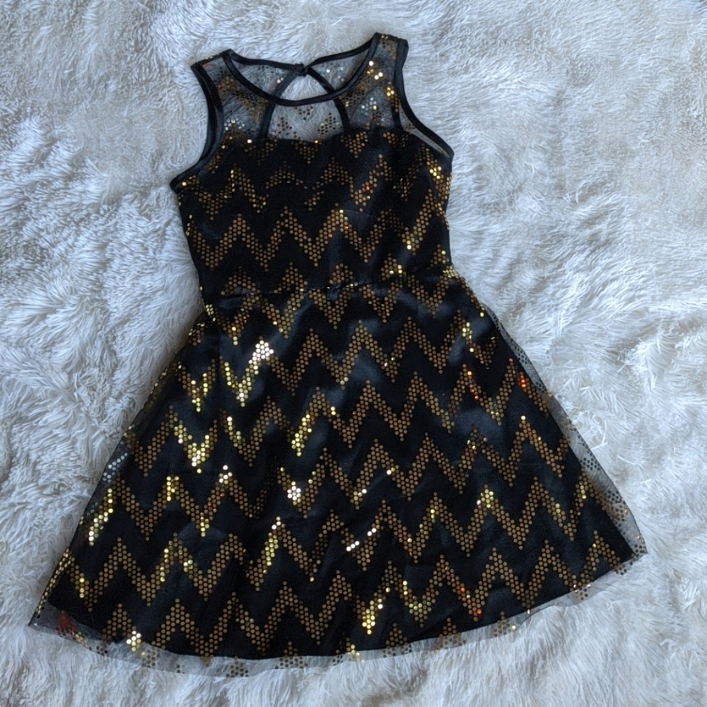 Girls Black and Gold Sequin Chevron Dress
